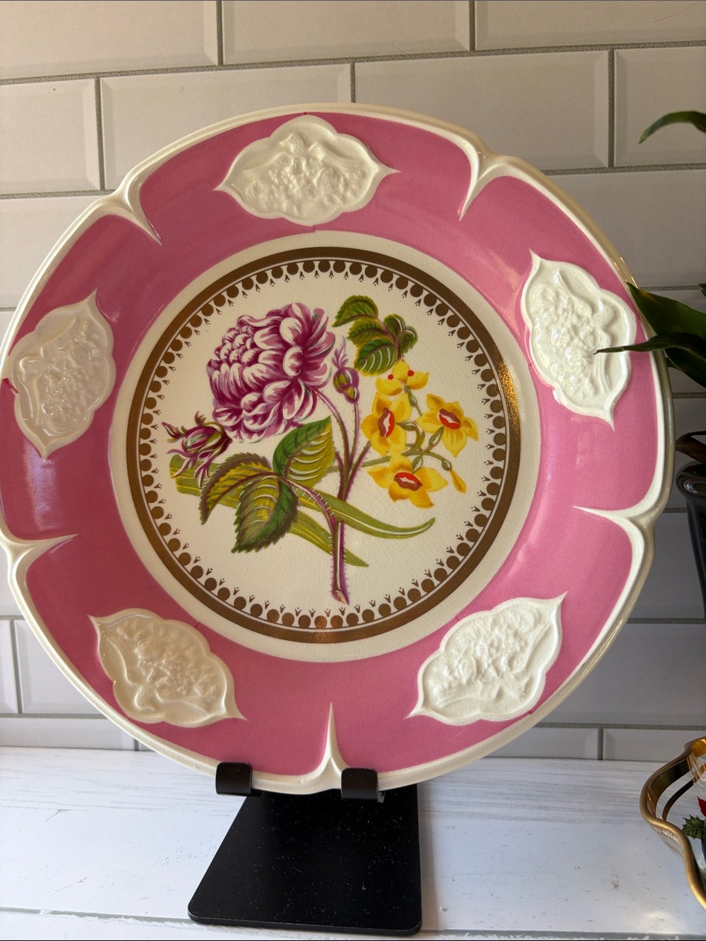 Portmeirion Pink Floral Ceramic Wall hanging plate with Gold Trim